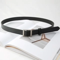 Close-up of minimalist black leather belt with square matte metal buckle on magazine - Pearl Silver Buckle (Coffee)