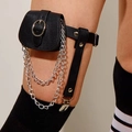 Punk black PU leather leg bag garter with silver chains and adjustable buckled straps - Button Black