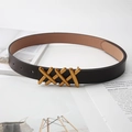 Detail of a brown leather belt featuring unique gold criss-cross X-shaped metal buckles - 105cm / Coffee
