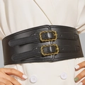 Women's wide elastic corset belt with vintage double gold buckles on white dress - Black