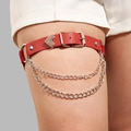 Liga punk de cuero rojo Harajuku con corazón de plata y cadenas dobles de metal - Rojo