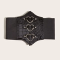Cintura elastica larga da donna texture coccodrillo nera e fibbie a cuore argento - Chiusura Argentata / Taglia L (70cm)