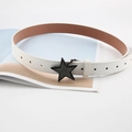 White leather skinny belt for women featuring a black star buckle with sparkling rhinestones - White