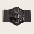 Dettaglio di cintura a corsetto nera in finta pelle di coccodrillo con fibbie argentate ed elastico - Fibbia Argentata-Taglia S-70cm