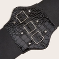 Cintura elastica larga da donna con motivo a coccodrillo nero e fibbie argentate - Fibbia Argentata-Taglia S-60cm