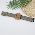 Detail of woven chevron pattern belt with a brown straw-wrapped rectangular buckle - Color Block
