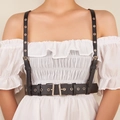 Punk style black PU leather body harness with metal eyelets and adjustable waist belt - Black