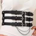 Detail of punk style wide waist belt with three silver buckles and hanging chains - 3 Rows 6 Buckles Waistband (With Chains)