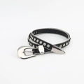 Cintura sottile da donna in pelle nera con strass e decorazione a perline in metallo - Stile Intarsiato con Strass