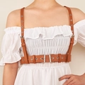 Brown faux leather punk style body harness belt with silver buckles and shoulder straps - Camel