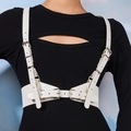 White PU leather body harness corset belt with silver punk buckles over black long sleeve shirt - White