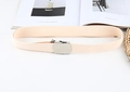 Detail of minimalist cream canvas woven belt with a silver smooth buckle on magazines - Apricot