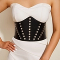 Cintura larga vintage elastica da donna con borchie in metallo argento per decorazione - Corsetto Largo con Strass Tondi (Nero)