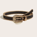 Ceinture femme vintage noire avec paillettes, bordure perlée dorée et boucle gravée - Boucle Dorée Paillettes Noires
