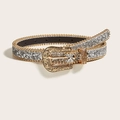 Ceinture style western vintage à paillettes argentées et boucle dorée gravée - Boucle Dorée Paillettes Argentées