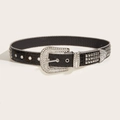 Western rock style black croc leather belt with sparkling rhinestones and silver studs - Three-Piece Rhinestone Buckle (Beaded Edge Square Studded Stone Pattern)