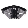 Close-up of black elastic cinch belt with silver metallic studs and leather patchwork - Plaid Decorative Panel Corset Belt