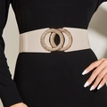 Beiger breiter elastischer Taillengürtel mit goldener Doppelschnalle für Kleider - Graues Lychee-Muster Doppelring-Schnalle Elastischer Stil