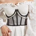 Cinturón de corsé de malla con varillas y doble cadena de perlas para mujer - Negro