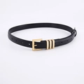Close-up of black leather belt with rectangular gold buckle and three metal loops - Black Strap Gold Buckle