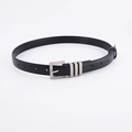 Detail view of black leather belt with silver metal pin buckle and triple loops - Black Strap Silver Buckle