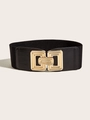 Detail of a wide black elastic waist belt featuring a modern gold interlocking buckle - Double Interlocking Grooved Stripe (7.5cm)