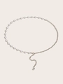 Elegant silver metal waist chain belt with white pearls and adjustable clasp for dresses - Single Round Pearl Patchwork Waist Chain