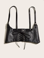 Detail of black faux leather lace-up corset belt with silver metal eyelets and buckles - Black
