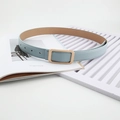 Light blue slim leather belt with rectangular gold metal buckle on white background - Sky Blue