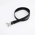 Detailed view of silver butterfly buckle on black matte belt for jeans and dresses - Wave Pin Black