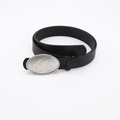 Minimalist black leather belt for jeans featuring a matte silver oval buckle with patterns - Frosted Snap Plain Style