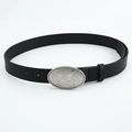 Classic black leather belt with a matte oval silver buckle for women's denim jeans - Frosted Snap Stitched Style