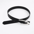 Women's minimalist black leather belt featuring a unique silver star-shaped metal buckle - Large U Star Buckle (Black)