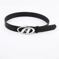 Minimalist black leather belt with silver oval buckle featuring a cutout letter A design - A-Letter Cutout Design / Width 3.3cm / Black (Silver Oval A-Letter Buckle)
