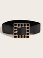 Women's wide elastic waist belt with large square gold buckle and black rhinestones - Black Acrylic Bead (Large Square Buckle)