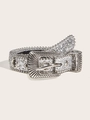 Detail of silver glitter belt with vintage floral buckle and metallic bead edges - Carved Buckle Eyelet Striped Style / Silver Sequin Strap (Silver Buckle)