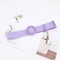 Detail of a purple woven straw belt with matching round buckle for summer styling - Round Buckle / Purple