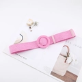 Close-up of pink woven elastic waist belt with fabric-wrapped round pin buckle for women - Round Buckle / Pink