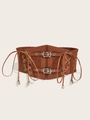 Detailed macro view of vintage corset belt with lace patchwork and metal buckle - Lace-Up Double Buckle Trim / Camel