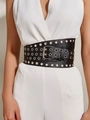 Detail of wide black leather corset belt with silver metal eyelets and a classic pin buckle - Black