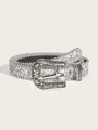 Silver western belt with glitter texture and floral engraved buckle for women - Silver Buckle Silver Sequin Style
