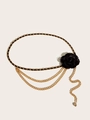 Detailed macro view of black fabric rose and layered gold chain belt with leather - Black Fabric Flower Double Layer Chain