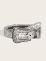 Western style silver sequin belt with engraved metal buckle and metallic trim décor - Silver Sequin Style (1014)