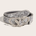 Fashion silver glitter belt with decorative metal bead edges and a hollow heart buckle - Heart Buckle Silver Sequin Style / Silver