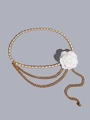 Detailed view of woven gold chain belt with white ribbon and large camellia flower - White Fabric Flower Double Layer Chain