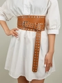 Brown wide corset belt with silver metal eyelet details over a white shirt dress - Camel