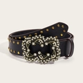 Cintura punk in pelle nera con borchie dorate e fibbia con strass di tendenza - Fibbia in Bronzo con Strass (Bordo Borchiato in Bronzo) (1164)
