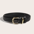 Minimalist black leather belt for women featuring a vintage D-shaped bronze metal buckle - Black With Bronze Buckle