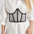 Sheer black mesh corset belt with pink floral embroidery over white oversized shirt - Black Floral Embroidery Style (1323)