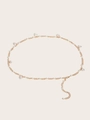 Detailed macro view of golden pearl waist chain featuring elegant heart-shaped charms - Handmade Heart Pearl Patchwork Waist Chain (1343)